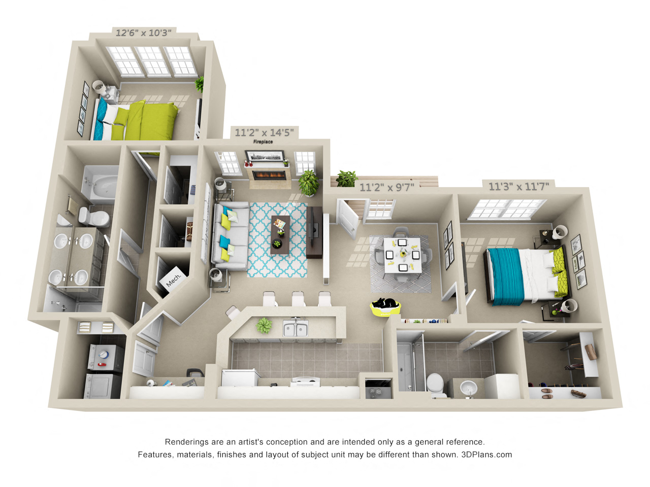 Floor plan for 2 beds, 2 baths, 1236 sqft
